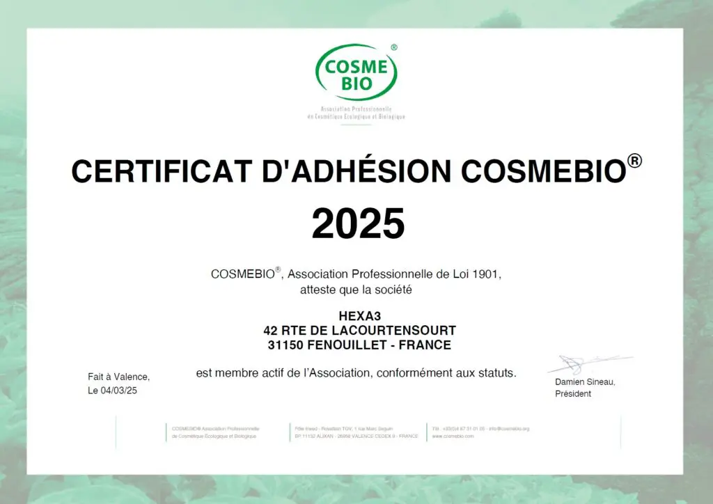 cosmebio cbd bio certificat 2025 Hexa3