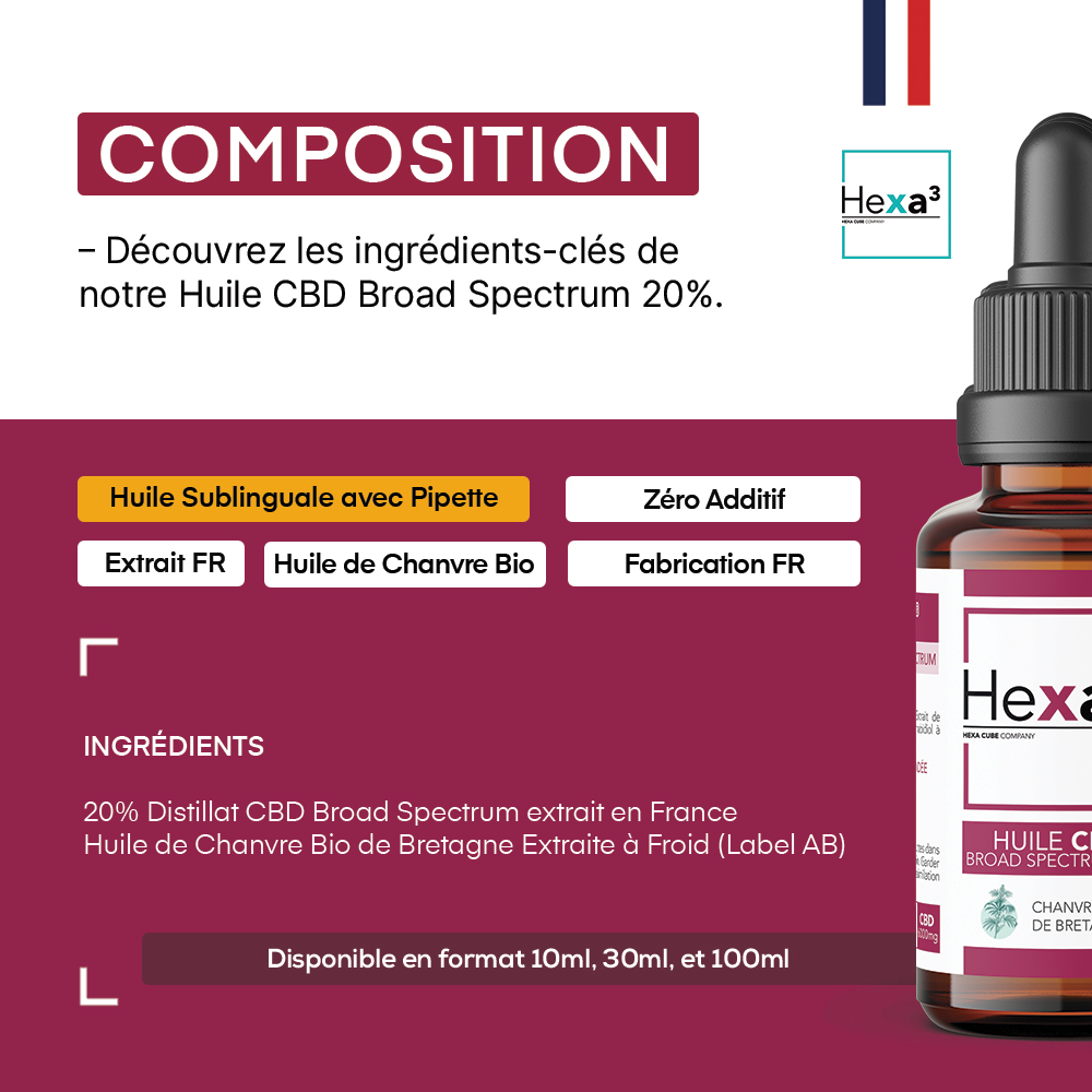 Huile CBD 20% Broad Spectrum | Fabrication Franaise | Hexa3